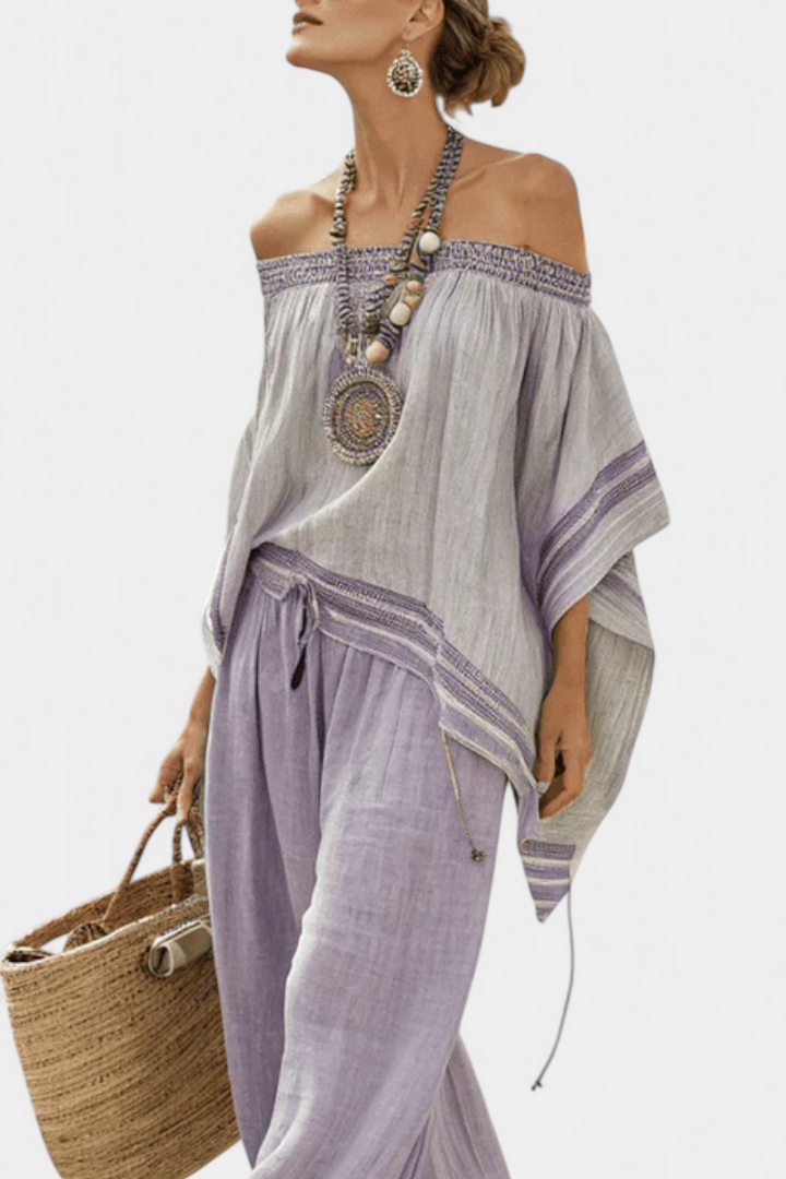 Elegant Off-Shoulder Top & Wide-Leg Striped Pants