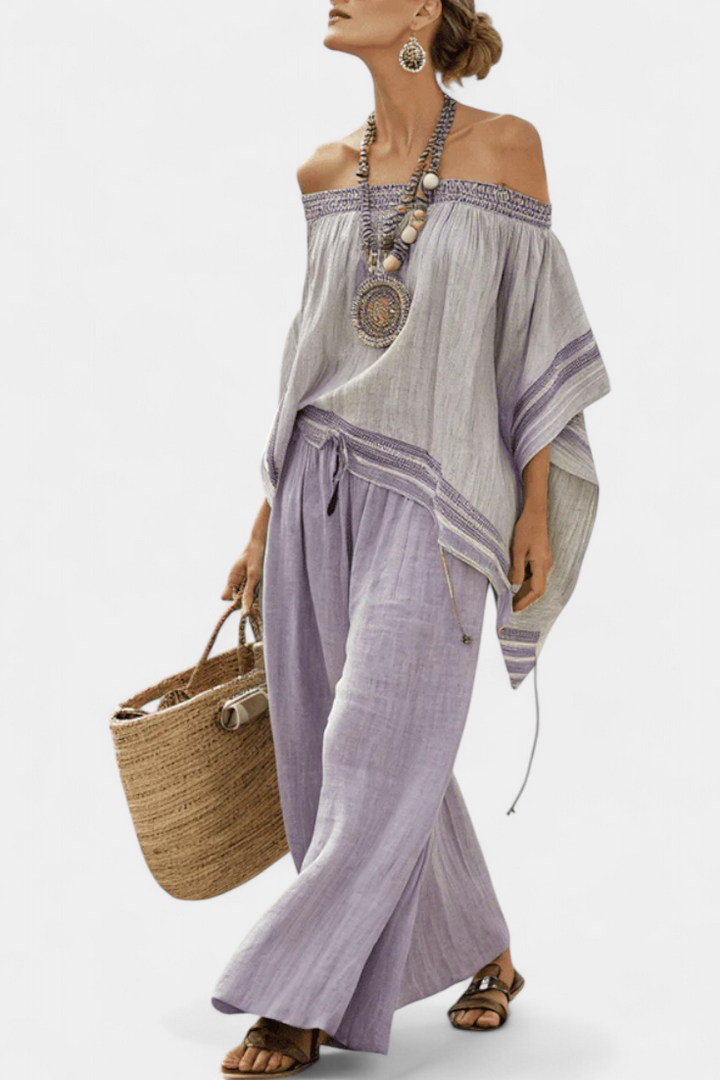 Elegant Off-Shoulder Top & Wide-Leg Striped Pants