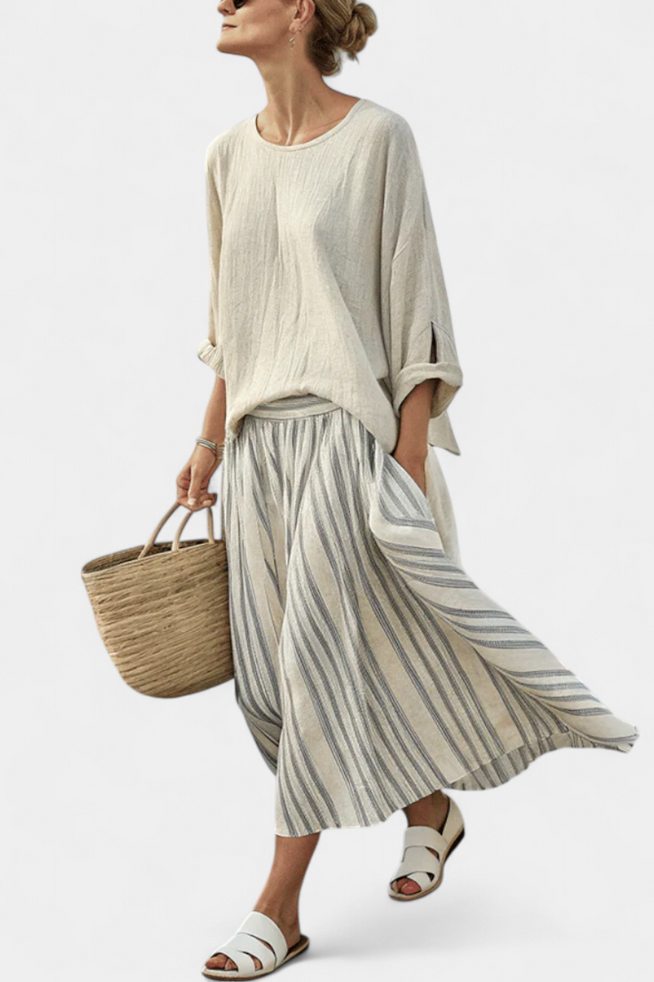 Comfortable Loose Blouse & Striped Midi Skirt