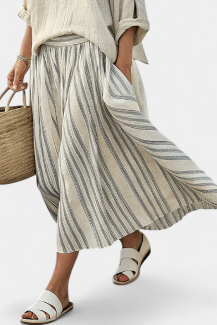 Comfortable Loose Blouse & Striped Midi Skirt