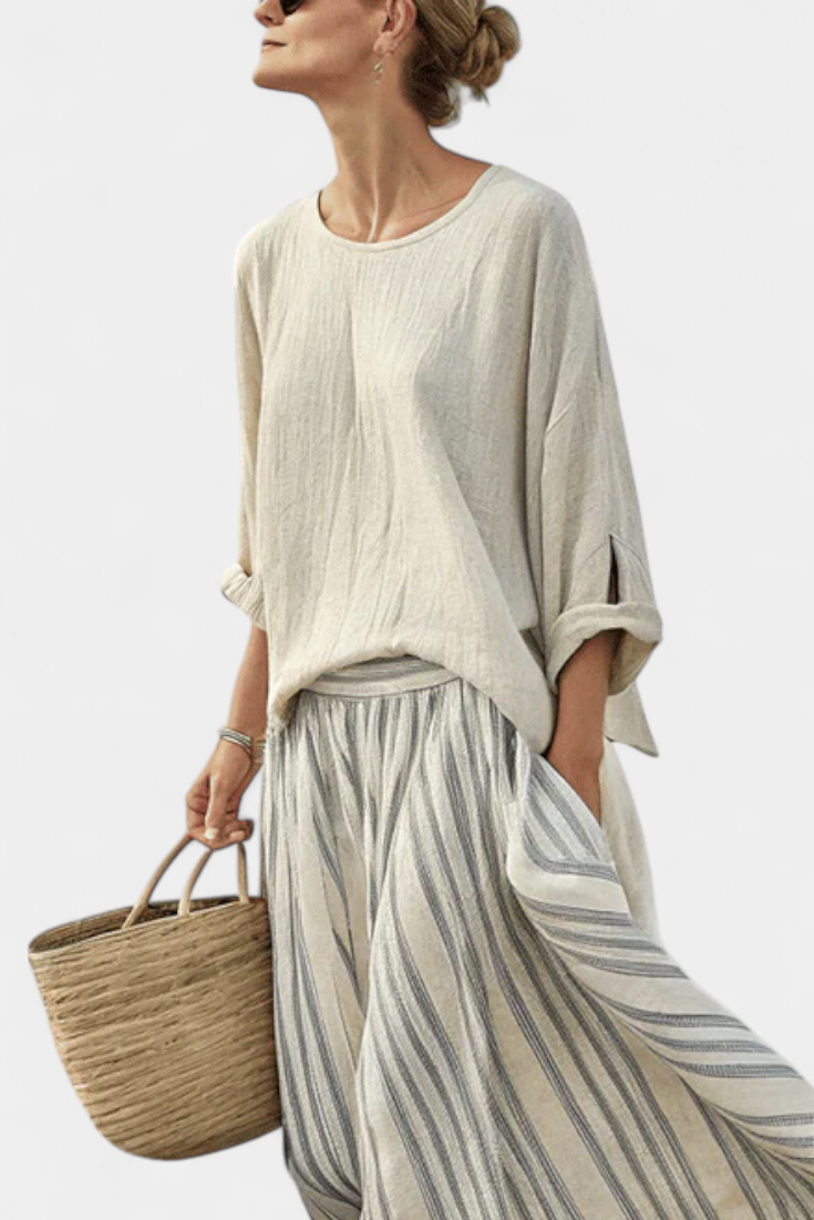 Comfortable Loose Blouse & Striped Midi Skirt