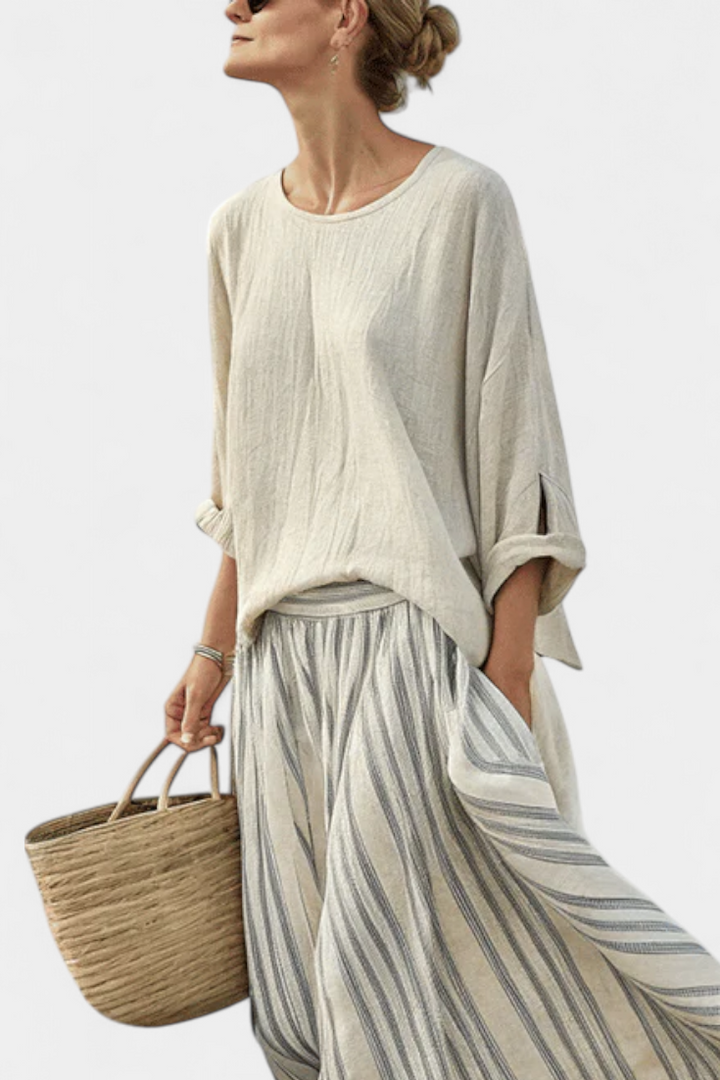 Comfortable Loose Blouse & Striped Midi Skirt