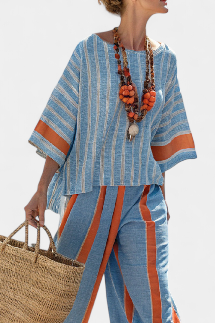 Sophisticated Terracotta Striped Top & Linen Pants