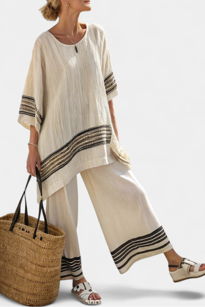 Elegant Black-Striped Linen Top & Flowing Pants