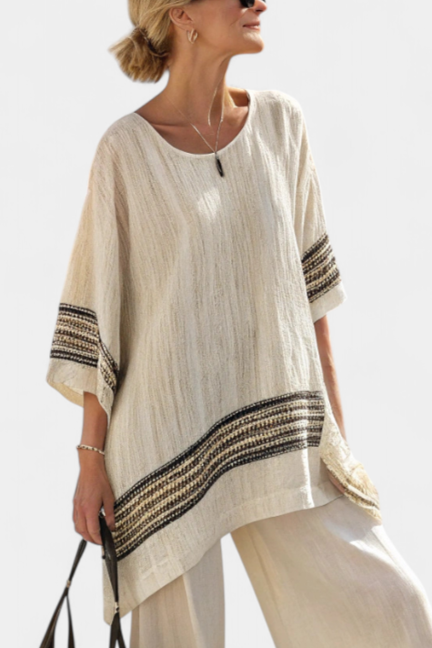 Elegant Black-Striped Linen Top & Flowing Pants