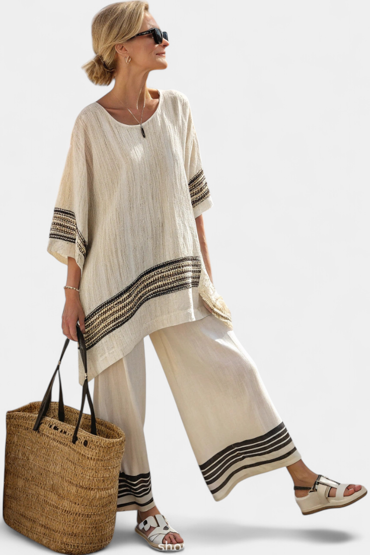 Elegant Black-Striped Linen Top & Flowing Pants