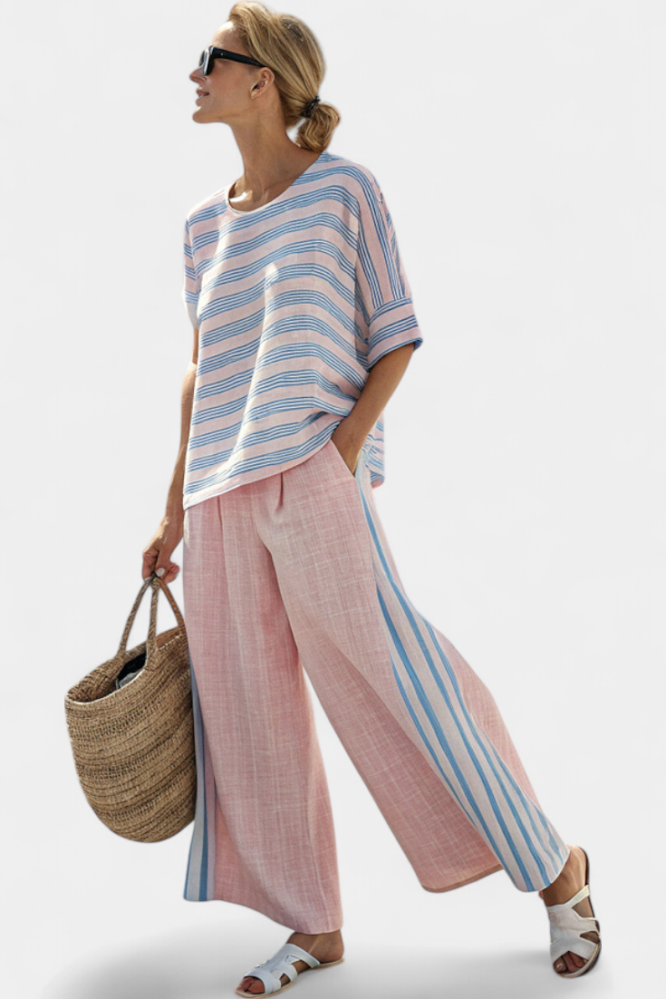 Elegant Pink-Blue Linen Blouse & Soft Pants
