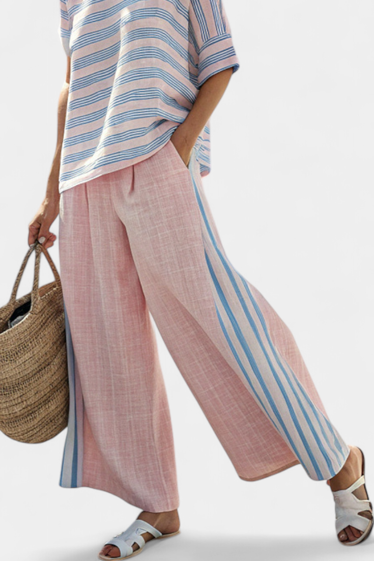 Elegant Pink-Blue Linen Blouse & Soft Pants
