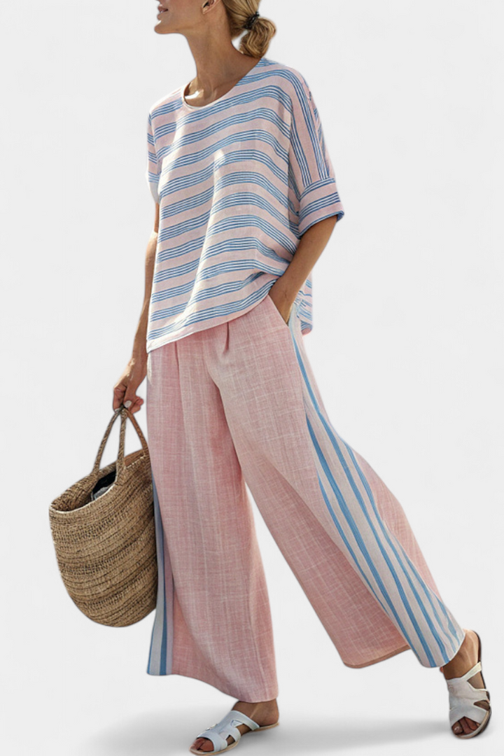 Elegant Pink-Blue Linen Blouse & Soft Pants