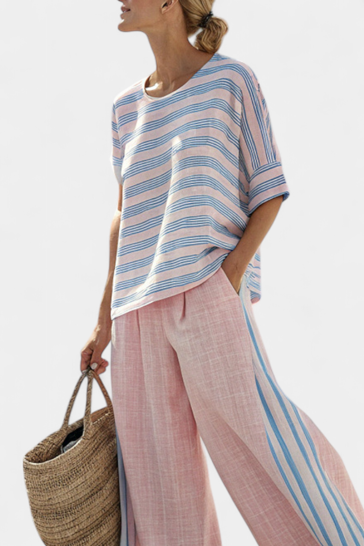 Elegant Pink-Blue Linen Blouse & Soft Pants
