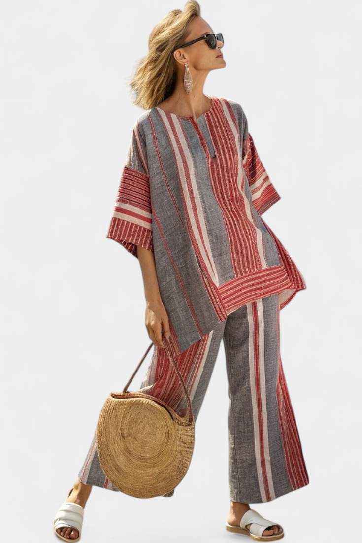 Elegant Coral-Gray Linen Top & Wide-Leg Pants