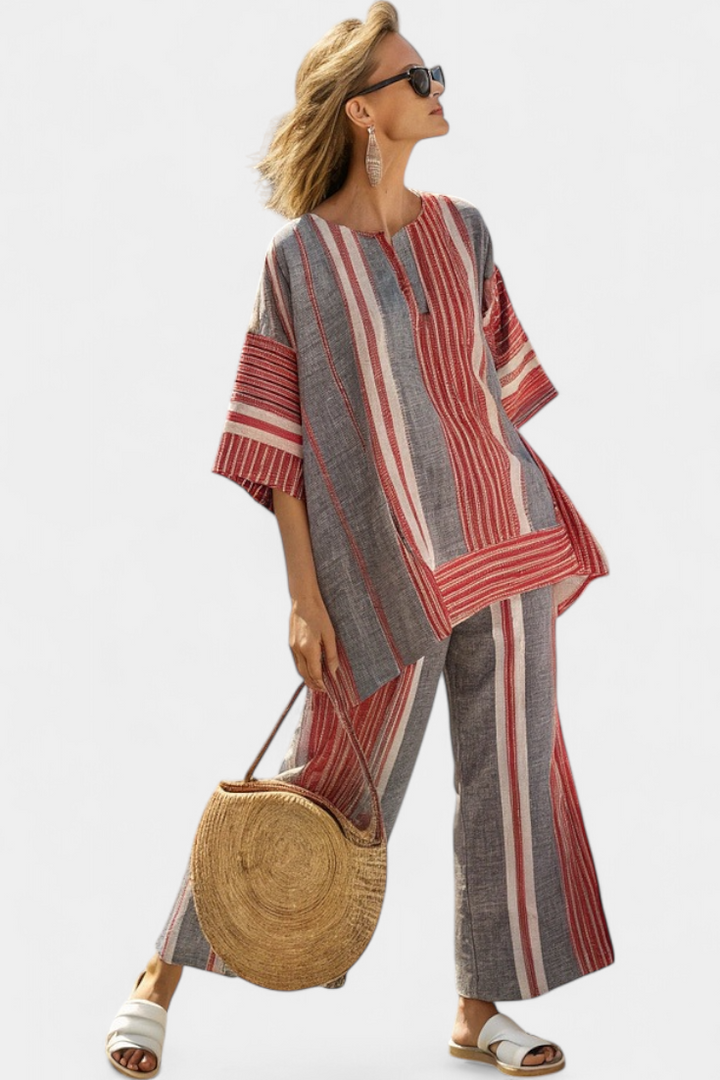 Elegant Coral-Gray Linen Top & Wide-Leg Pants