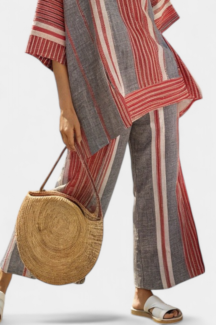 Elegant Coral-Gray Linen Top & Wide-Leg Pants