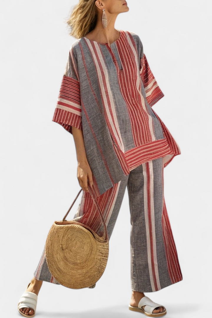 Elegant Coral-Gray Linen Top & Wide-Leg Pants