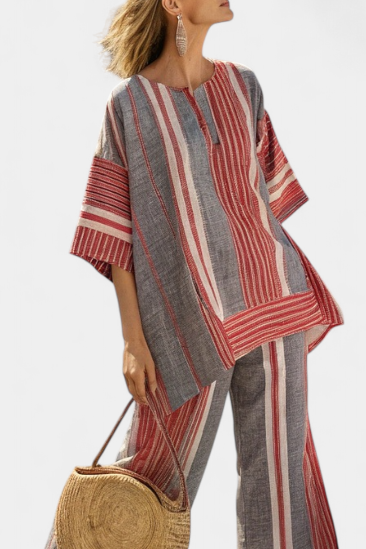 Elegant Coral-Gray Linen Top & Wide-Leg Pants