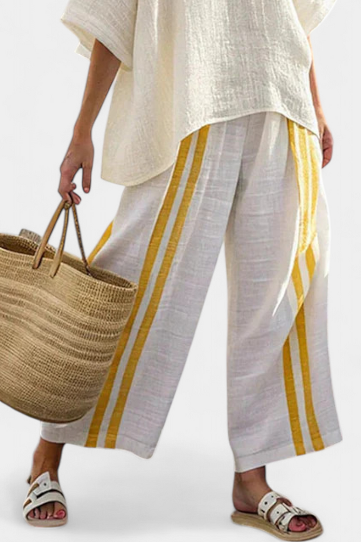 Elegant Yellow Striped Linen Top & Wide-Leg Pants
