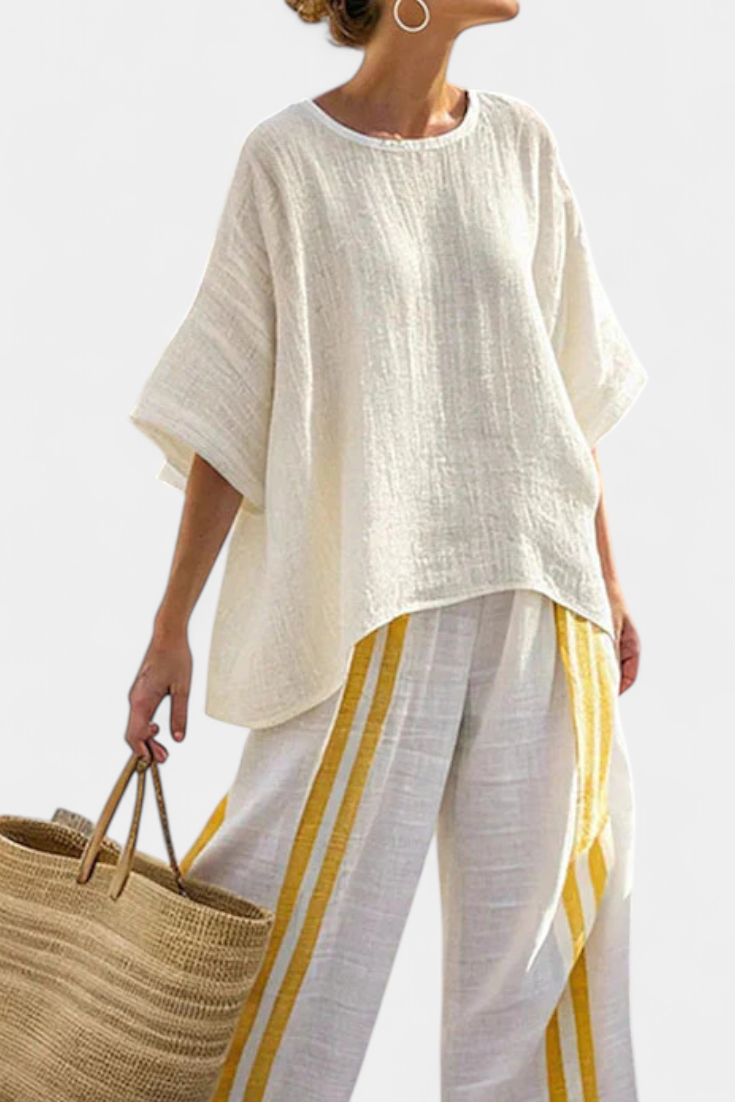 Elegant Yellow Striped Linen Top & Wide-Leg Pants