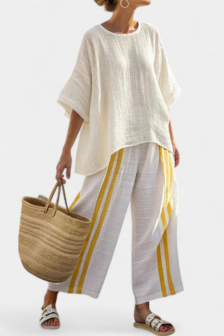Elegant Yellow Striped Linen Top & Wide-Leg Pants