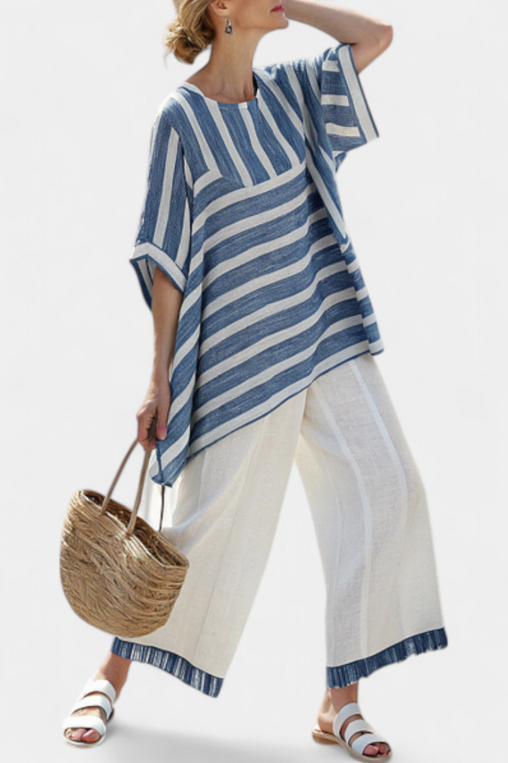 Sophisticated Blue Striped Top & Hem-Detailed Pants