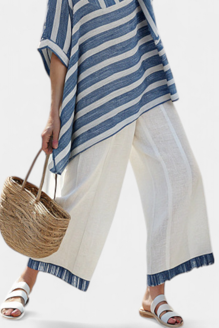 Sophisticated Blue Striped Top & Hem-Detailed Pants
