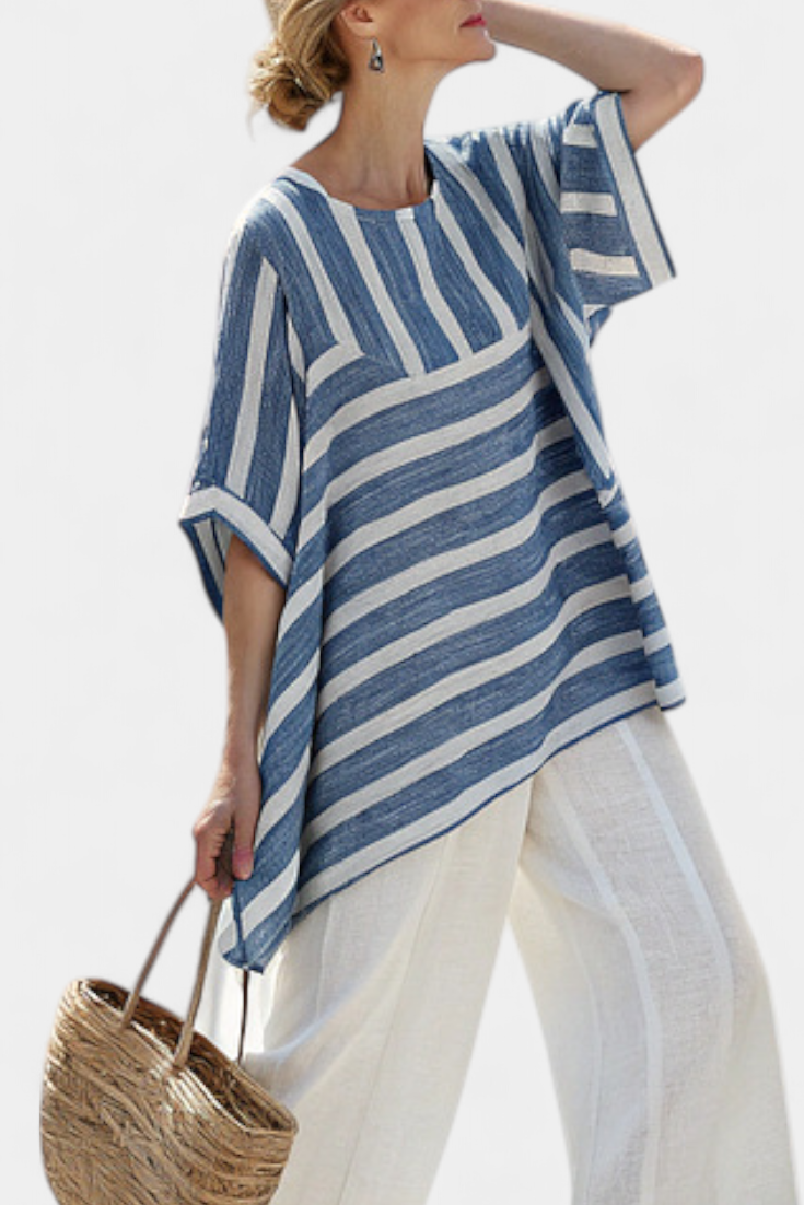 Sophisticated Blue Striped Top & Hem-Detailed Pants