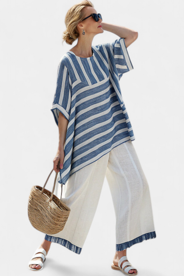 Sophisticated Blue Striped Top & Hem-Detailed Pants