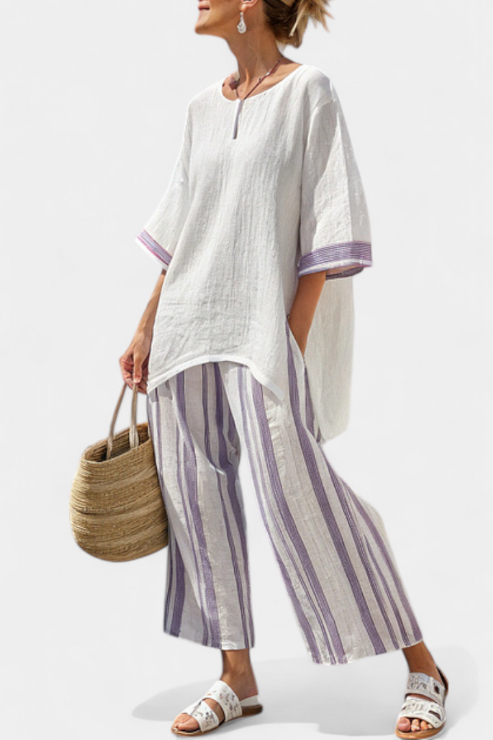 Comfortable Relaxed Blouse & Striped Bamboo Pants