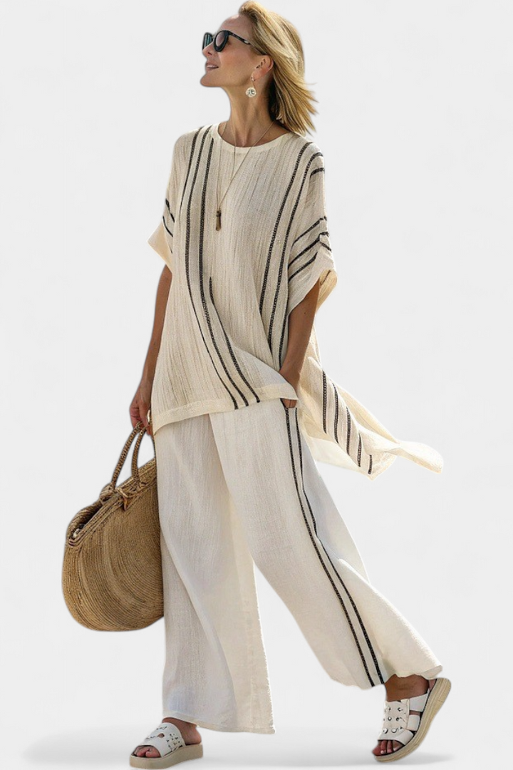 Elegant Ivory Linen Blouse & Black Striped Pants