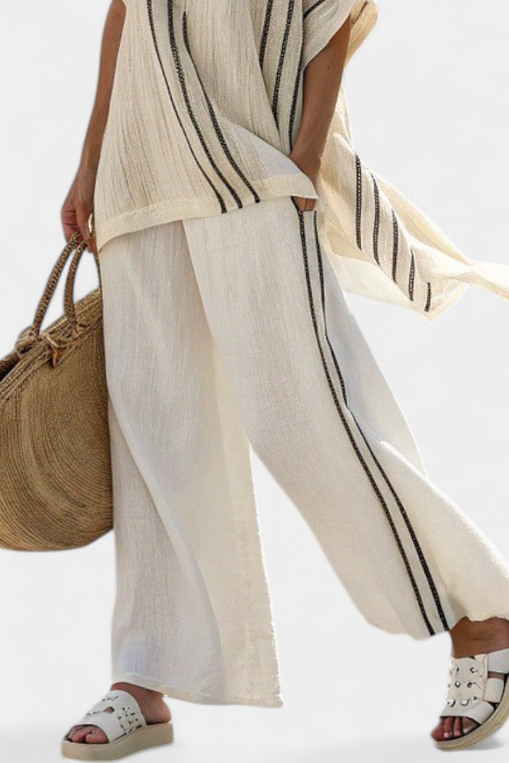 Elegant Ivory Linen Blouse & Black Striped Pants