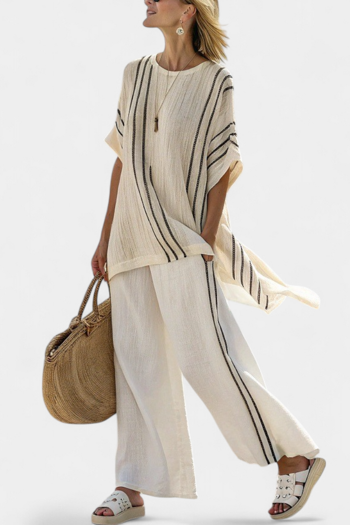 Elegant Ivory Linen Blouse & Black Striped Pants