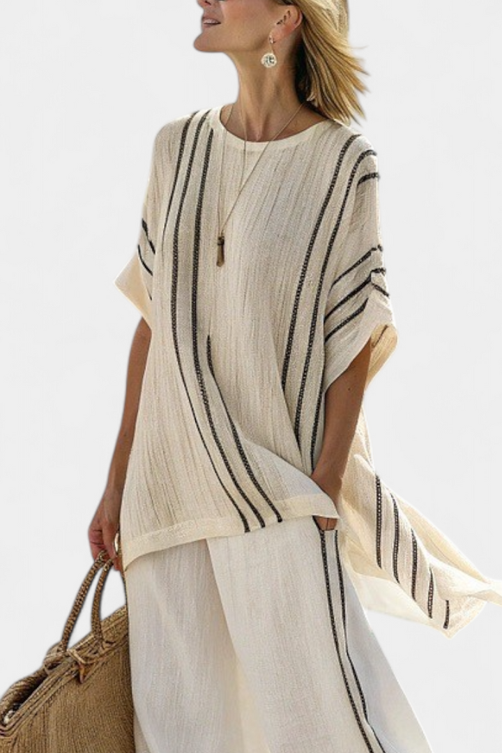 Elegant Ivory Linen Blouse & Black Striped Pants
