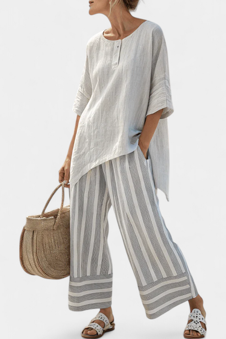 Elegant Asymmetrical Blouse & Striped Pants