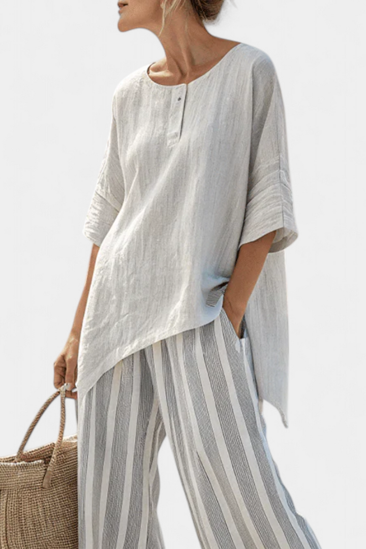 Elegant Asymmetrical Blouse & Striped Pants