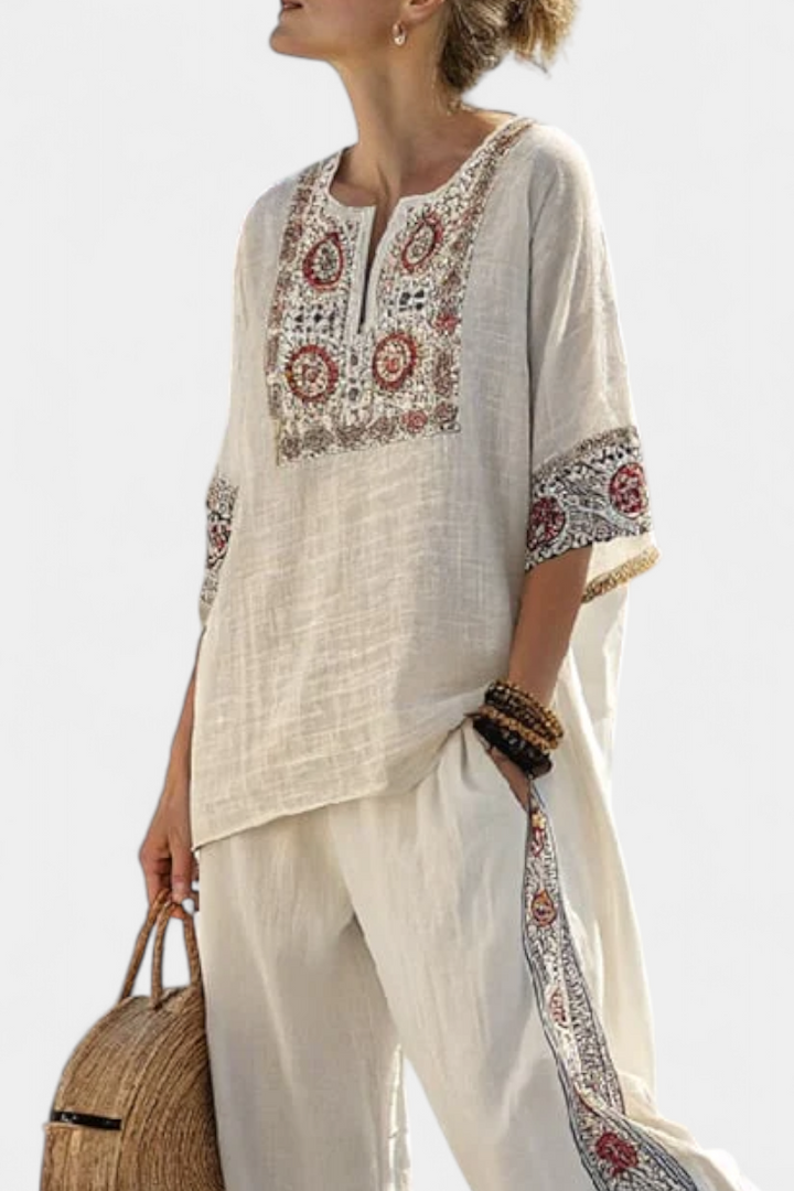 Sophisticated Embroidered Raw Blouse & Wide Pants