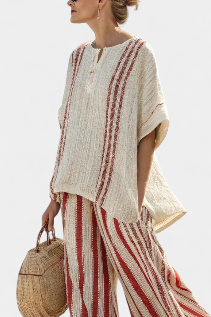 Sophisticated Textured Red-Stripe Top & Linen Pants