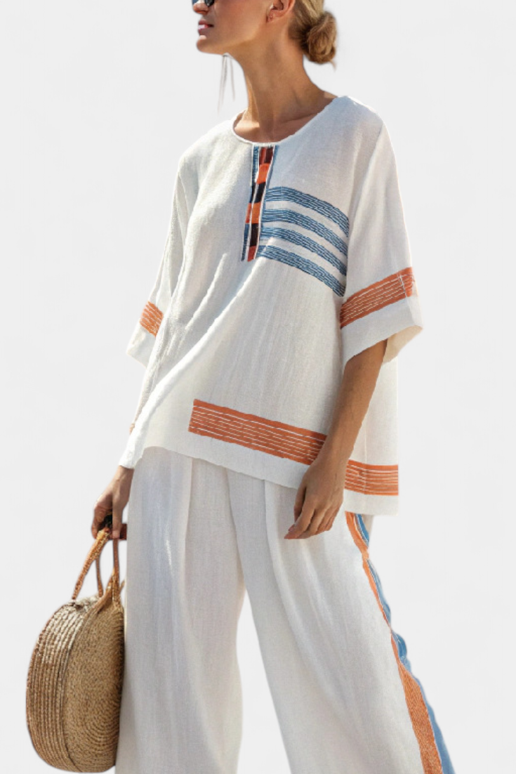 Sophisticated Blue-Orange Striped Top & Pants