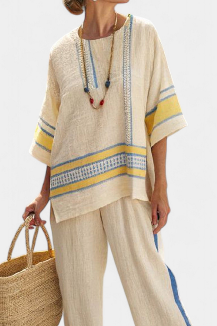Comfortable Blue-Yellow Mediterranean Top & Linen Pants