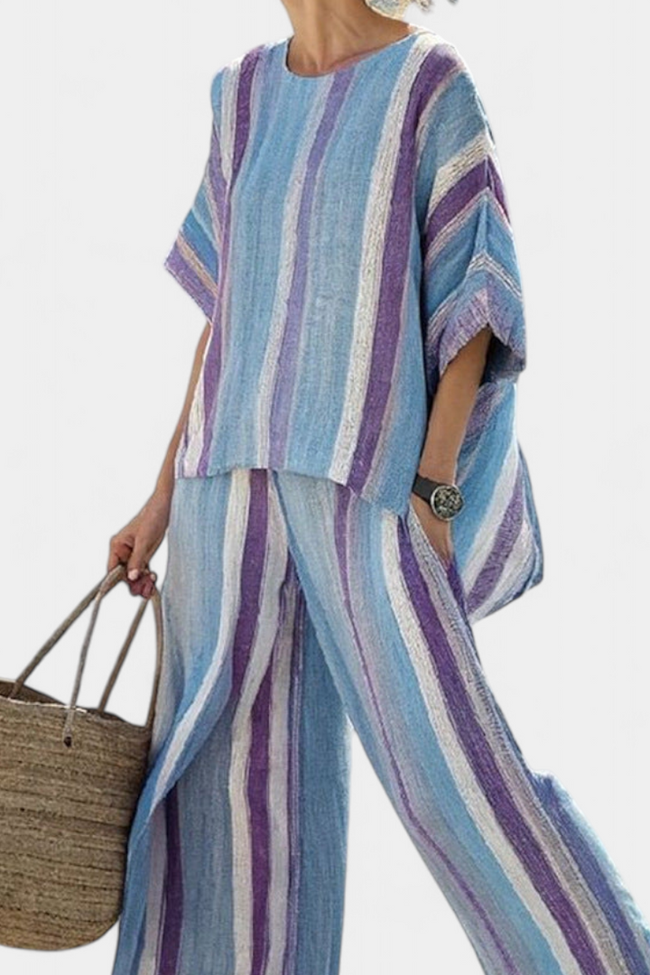 Elegant Mauve Pastel Top & Striped Linen Pants