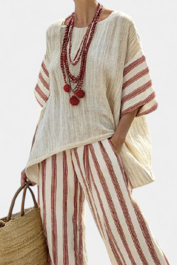 Elegant Rustic Striped Top & Cream Linen Pants