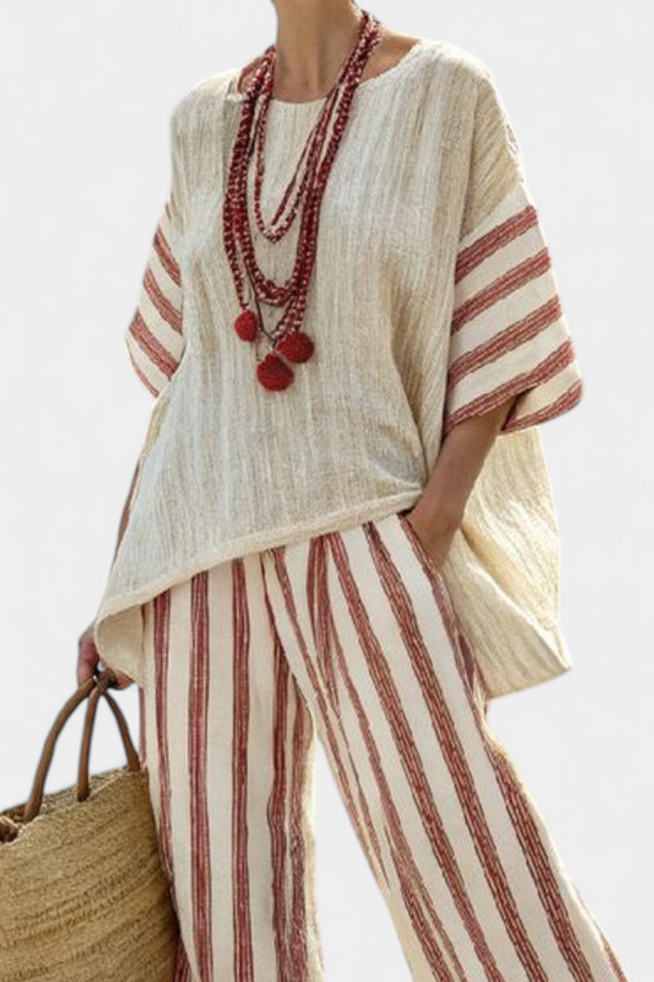 Elegant Rustic Striped Top & Cream Linen Pants