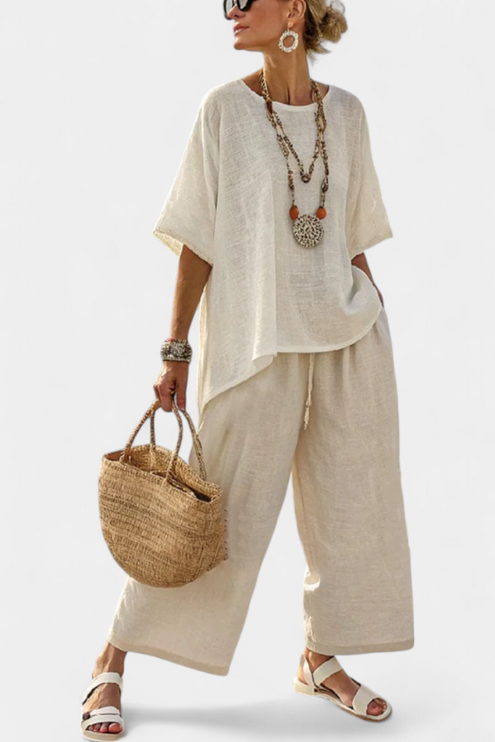 Comfortable Minimalist Raw Blouse & Wide-Leg Pants