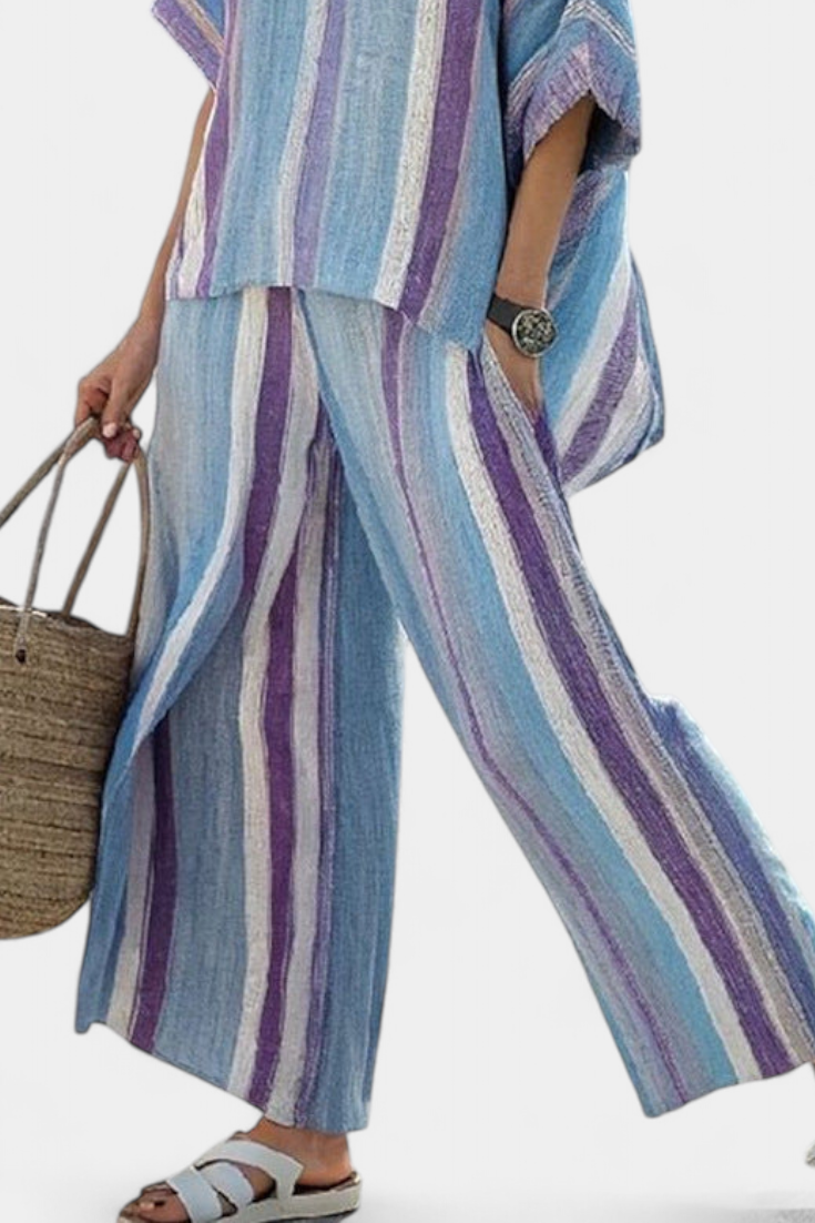 Elegant Mauve Pastel Top & Striped Linen Pants