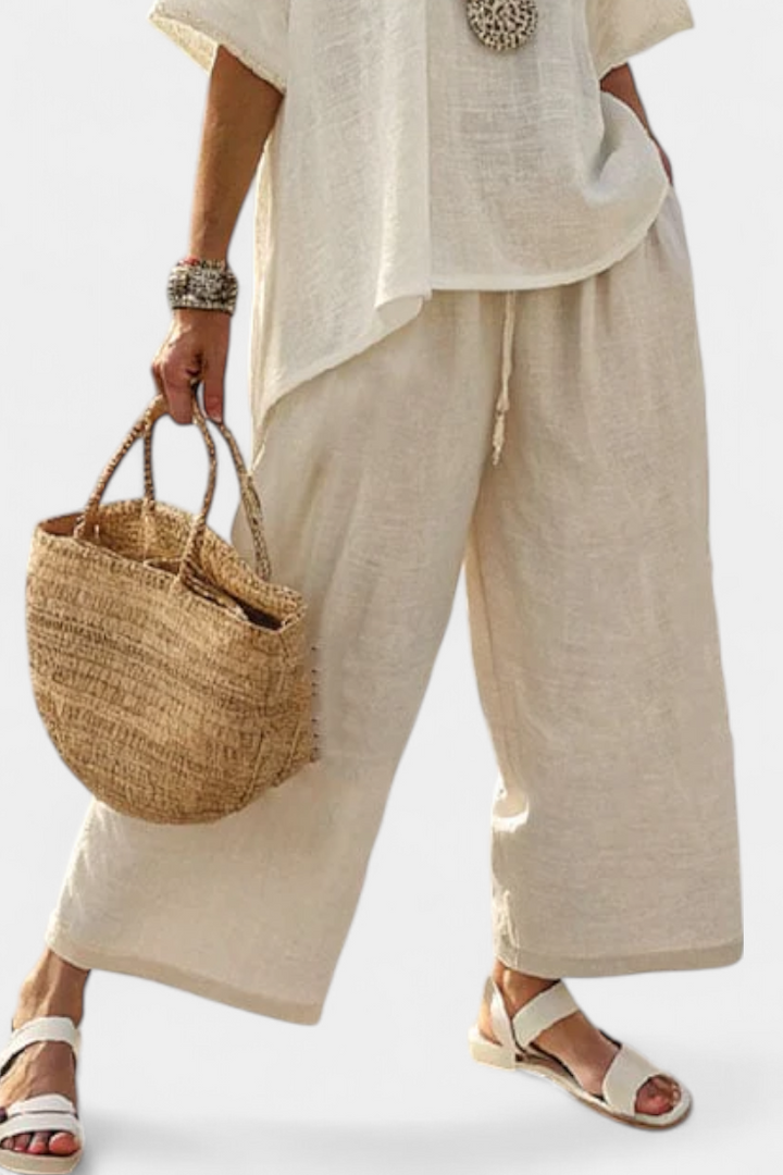 Comfortable Minimalist Raw Blouse & Wide-Leg Pants