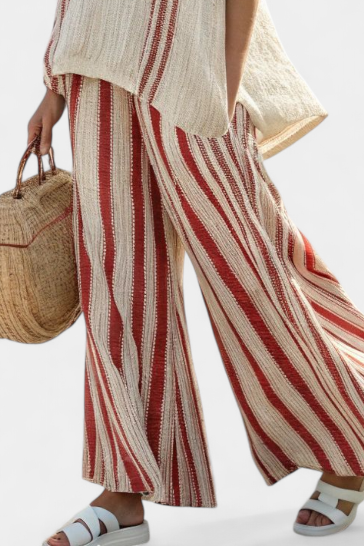 Sophisticated Textured Red-Stripe Top & Linen Pants
