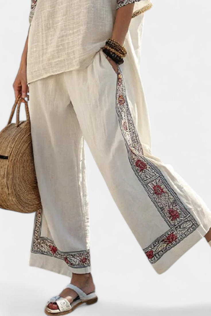Sophisticated Embroidered Raw Blouse & Wide Pants