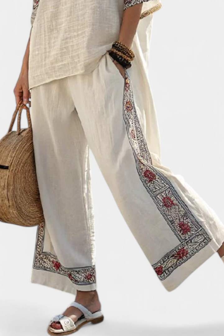 Sophisticated Embroidered Raw Blouse & Wide Pants