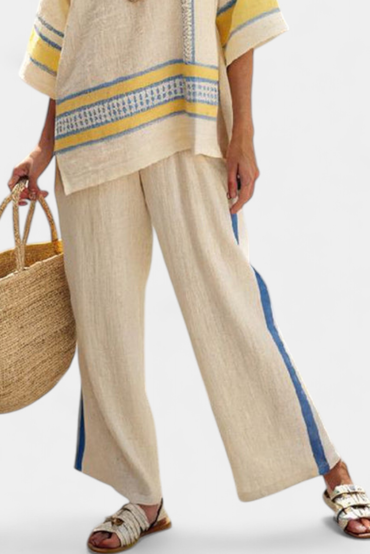 Comfortable Blue-Yellow Mediterranean Top & Linen Pants