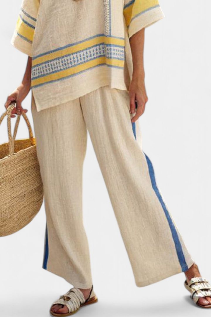 Comfortable Blue-Yellow Mediterranean Top & Linen Pants