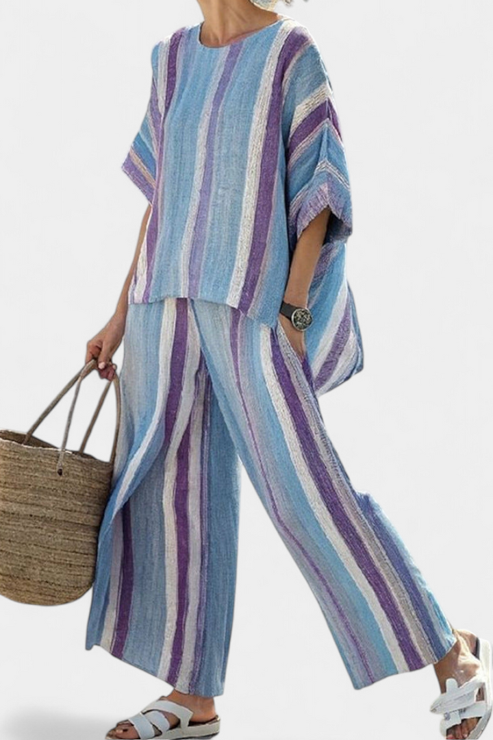 Elegant Mauve Pastel Top & Striped Linen Pants