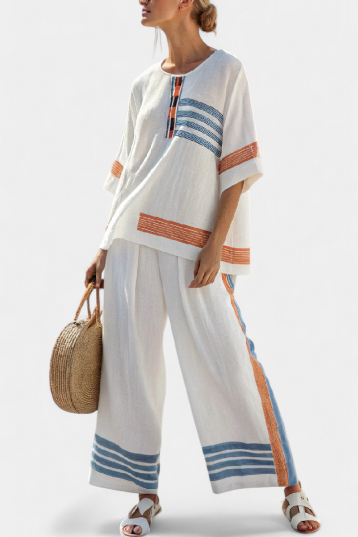 Sophisticated Blue-Orange Striped Top & Pants
